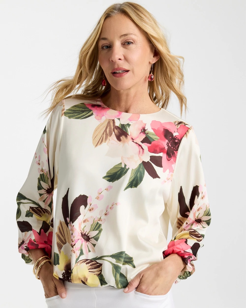 Hot Honeysuckle Crewneck Satin Bubble Hem Top
