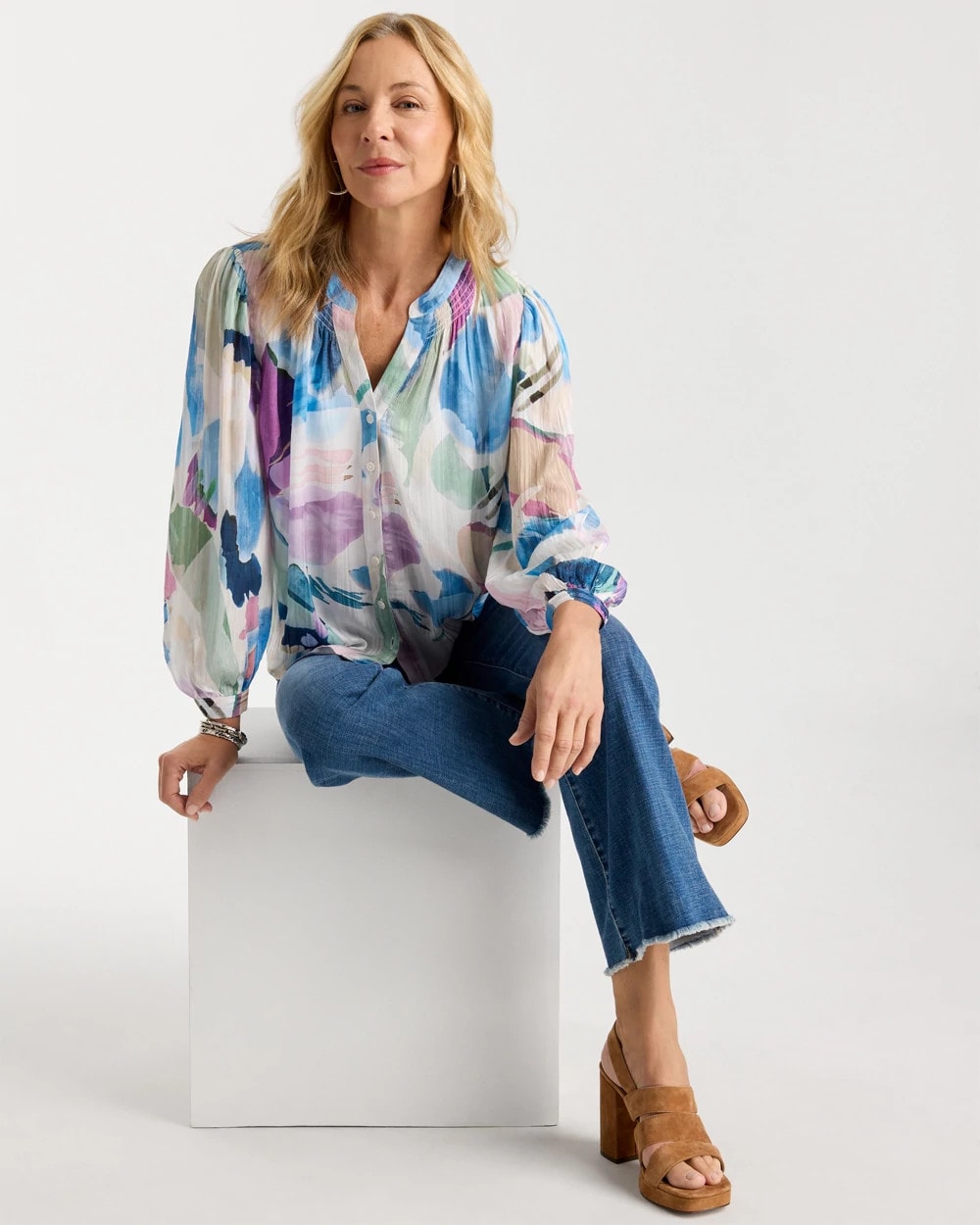 Passport Blue Blur Geo Button Front Blouse