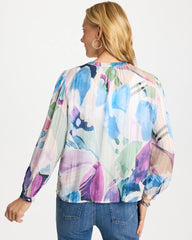 Passport Blue Blur Geo Button Front Blouse