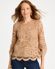 Cattail Brown Floral-Motif Mesh 3/4 Sleeve Top