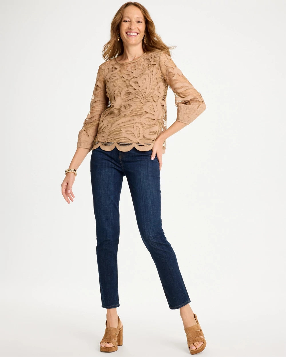 Cattail Brown Floral-Motif Mesh 3/4 Sleeve Top