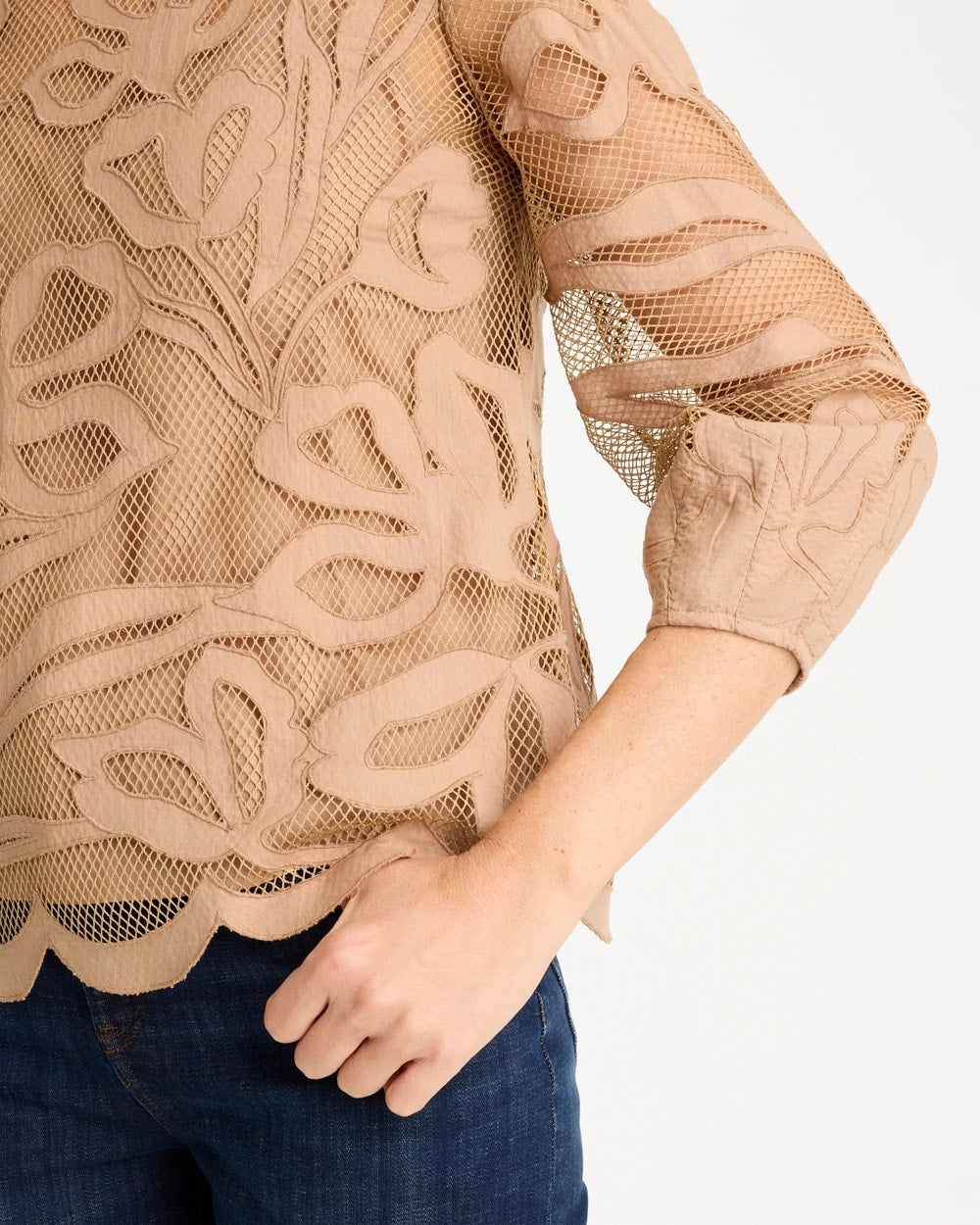 Cattail Brown Floral-Motif Mesh 3/4 Sleeve Top