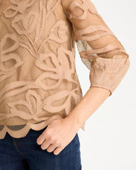 Cattail Brown Floral-Motif Mesh 3/4 Sleeve Top