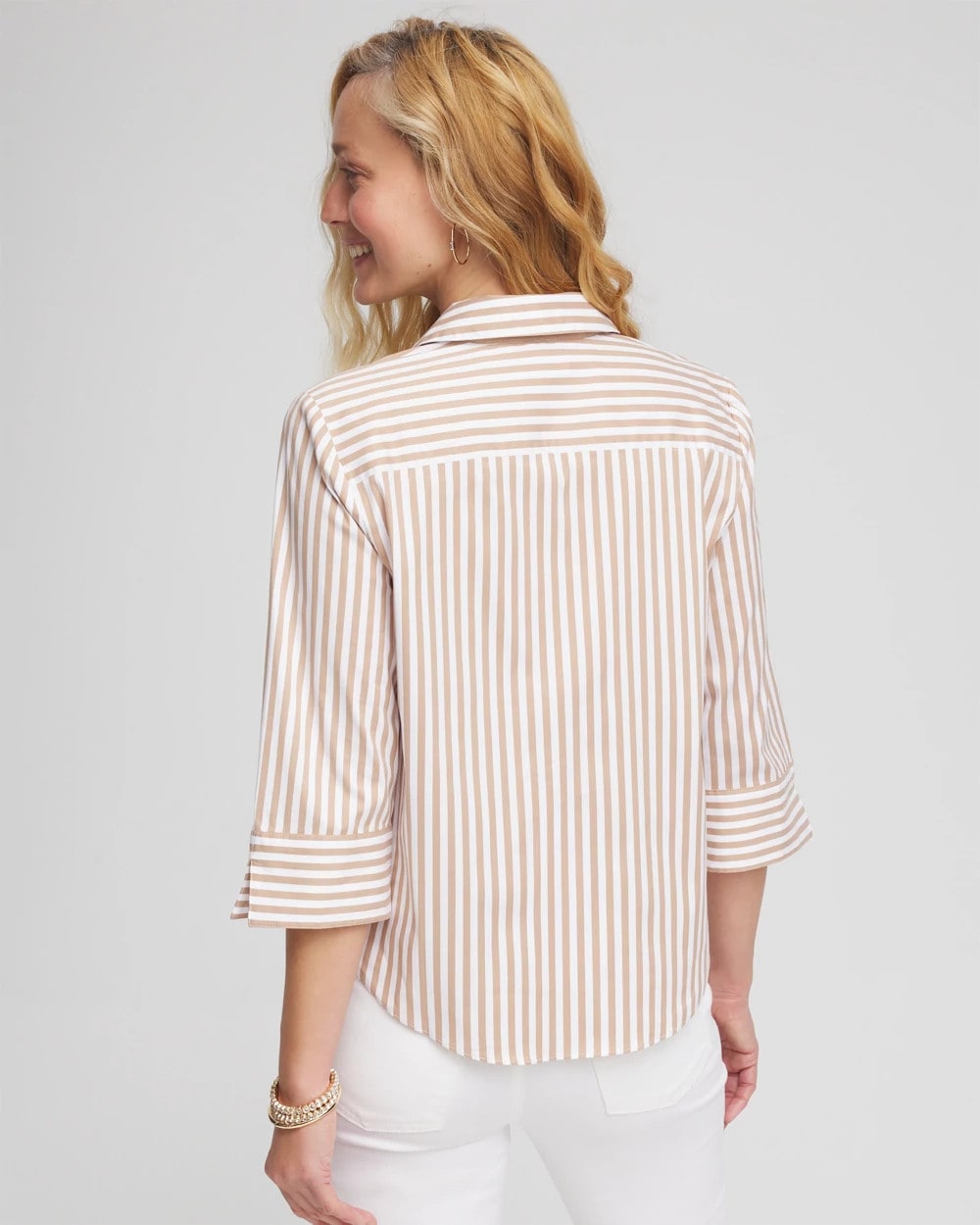 Creme Coffee Striped Poplin Tie-Front Top
