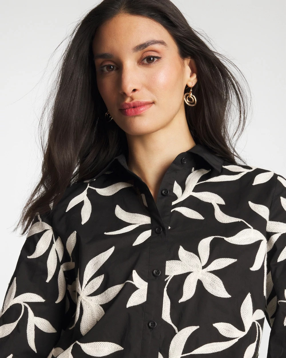 Black Embroidered Cropped Collared Shirt