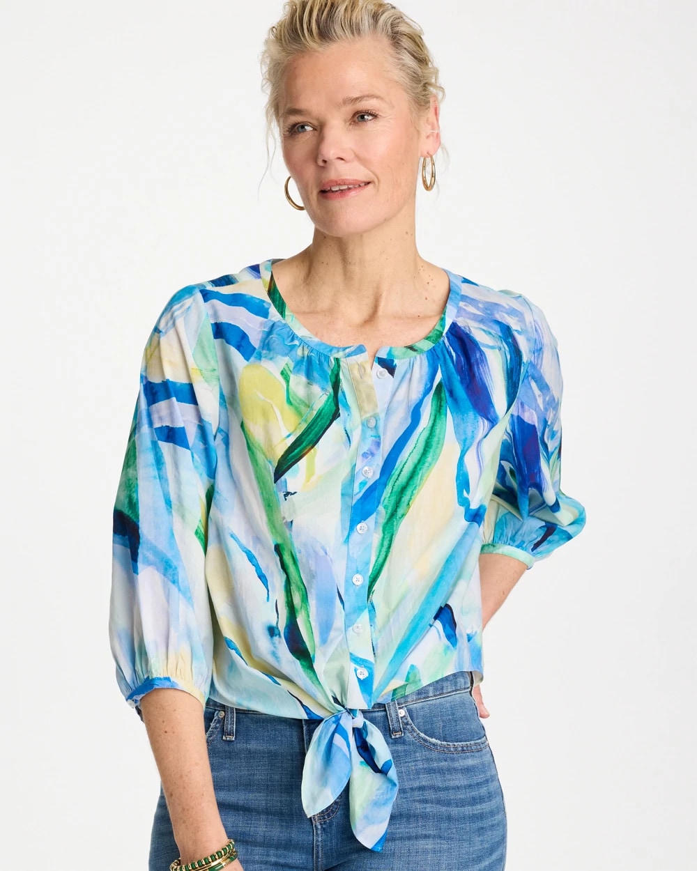 Amparo Blue Printed Tie-Front Top
