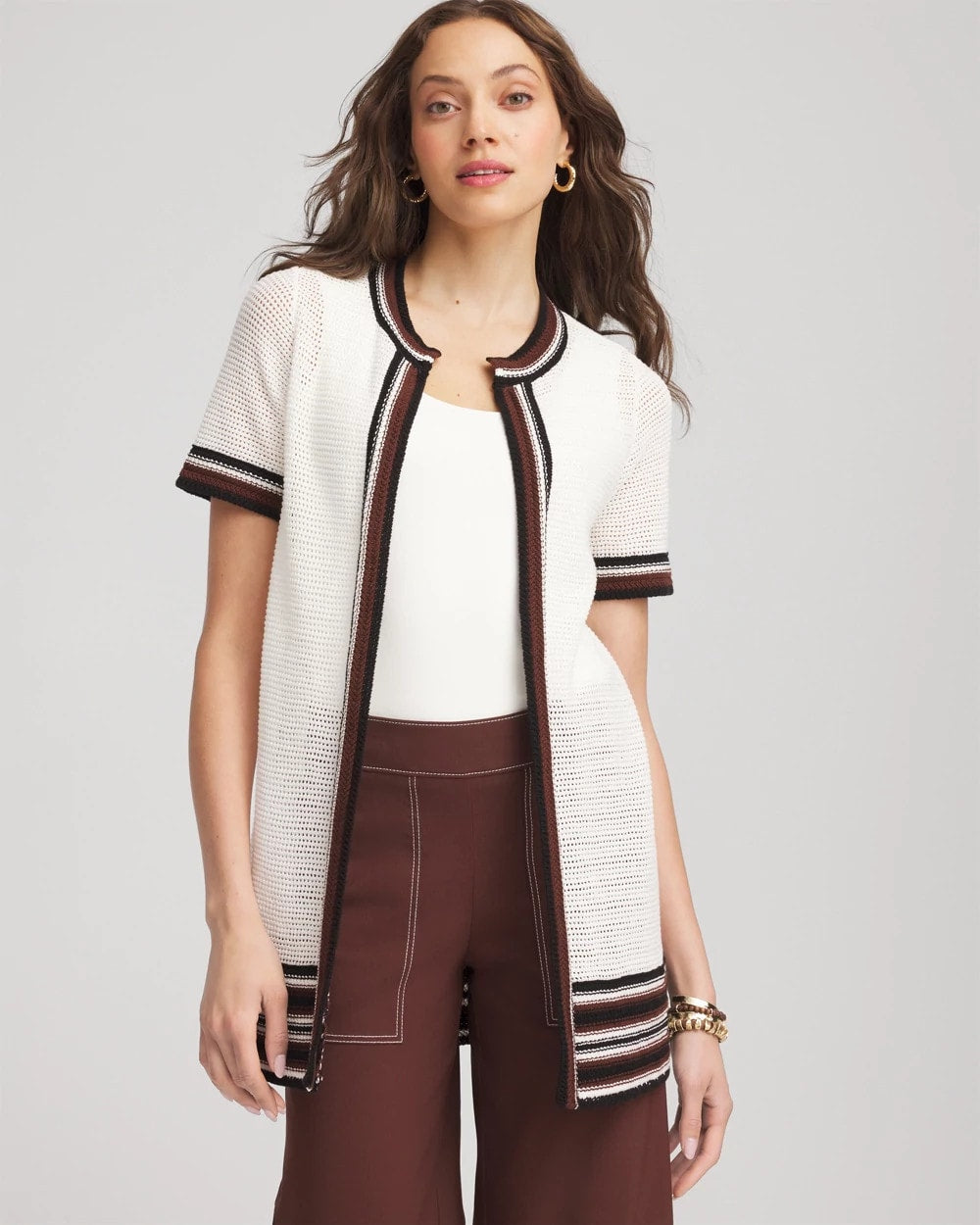 Ecru Pointelle High-Style Short-Sleeve Cardigan