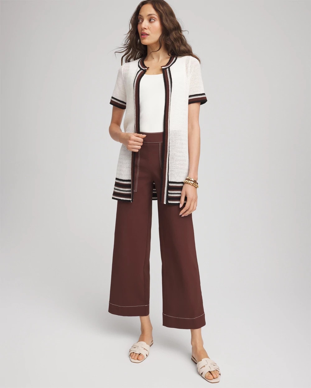 Ecru Pointelle High-Style Short-Sleeve Cardigan