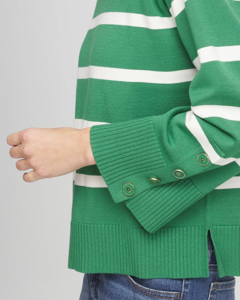 Jardin Green Striped Button Sleeve Crewneck Pullover Sweater