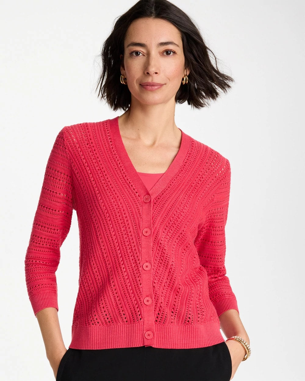 Hot Honeysuckle Stitchy V-Neck Cardigan