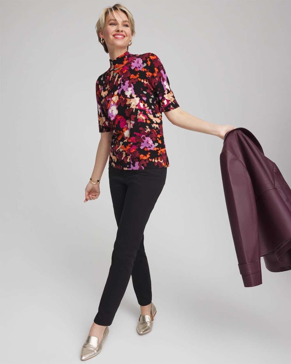 Black Ella Mockneck Painterly Pullover Sweater