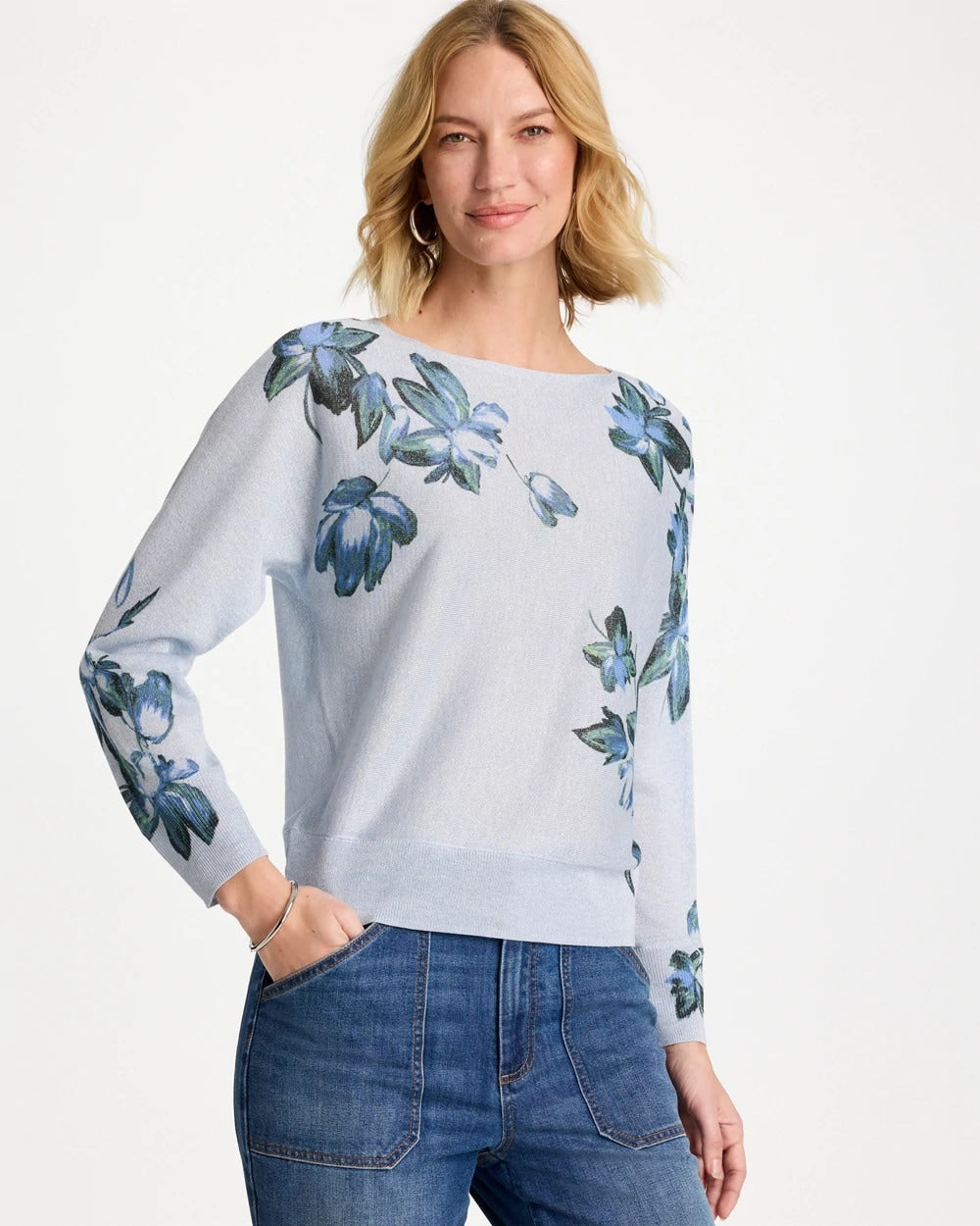 Blue Orchid Floral Print Pullover Sweater