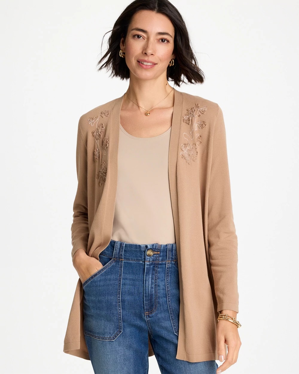 Cattail Brown Floral Embroidered Cardigan