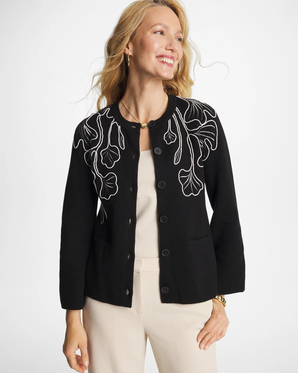 Black Embroidered Crewneck Cardigan Jacket