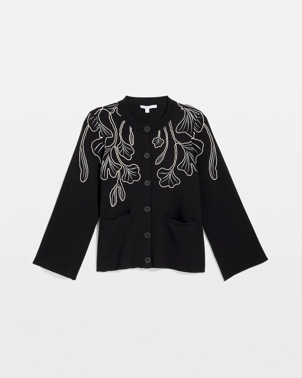 Black Embroidered Crewneck Cardigan Jacket