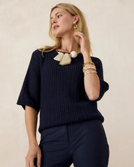 Passport Blue Pointelle Crewneck Pullover Sweater