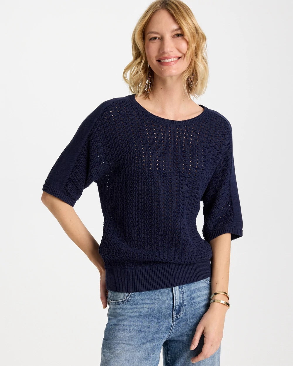 Passport Blue Pointelle Crewneck Pullover Sweater