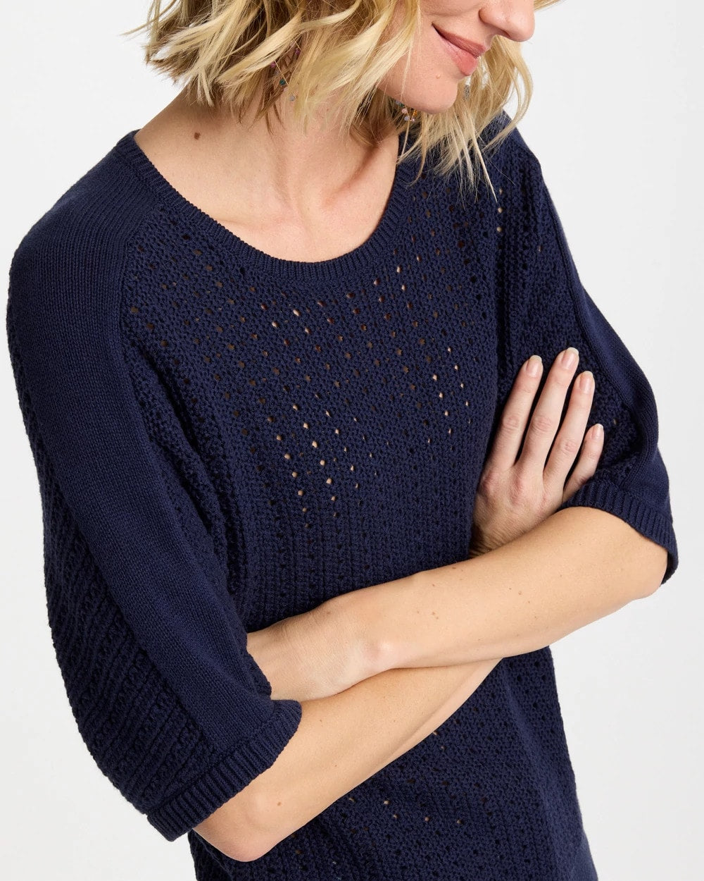 Passport Blue Pointelle Crewneck Pullover Sweater