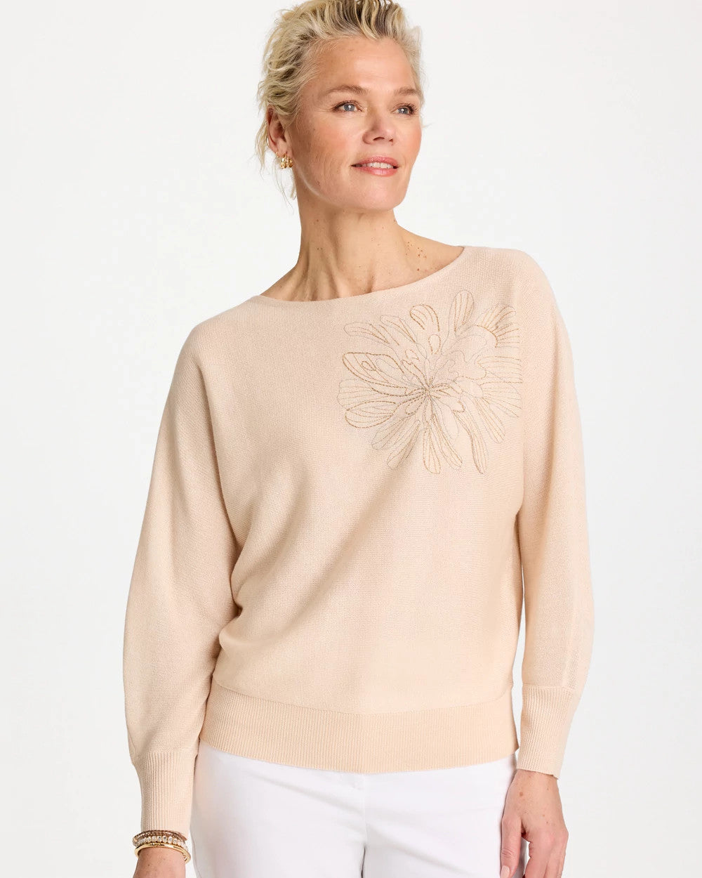 Neutral Embroidered 3/4 Sleeve Sweater