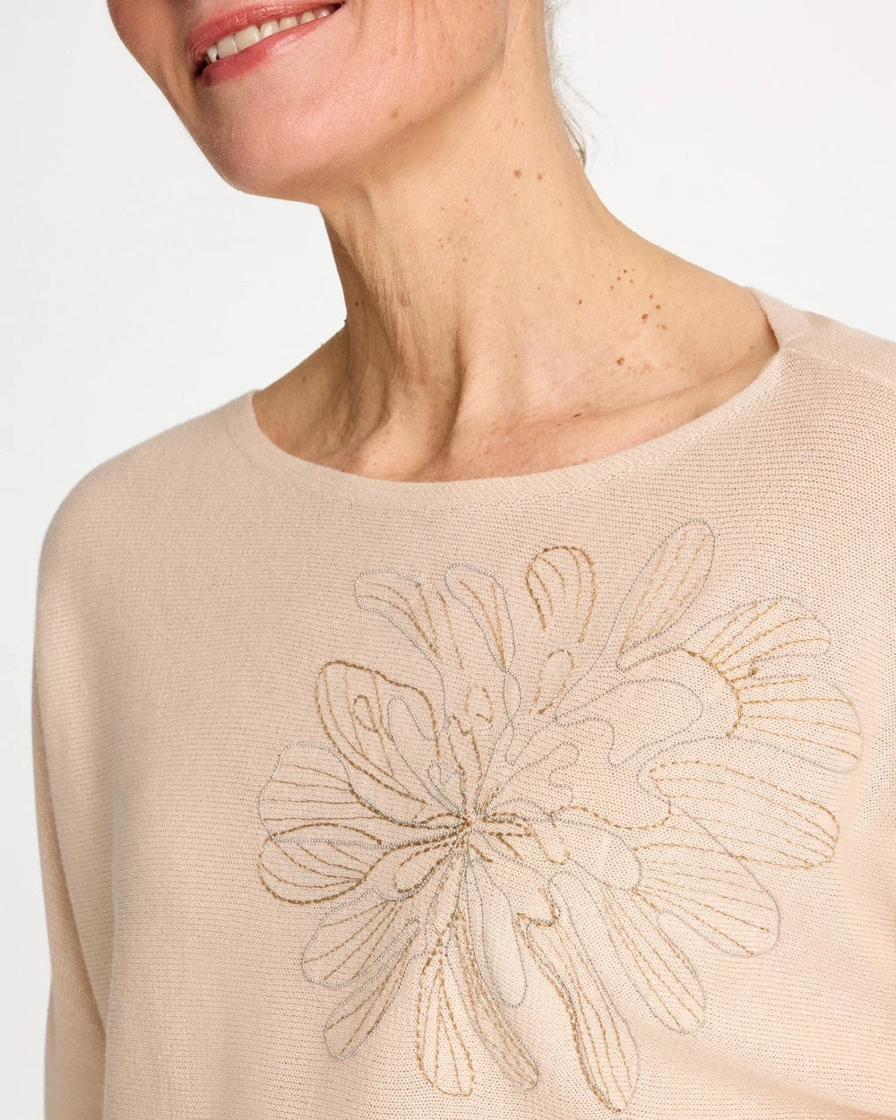 Neutral Embroidered 3/4 Sleeve Sweater