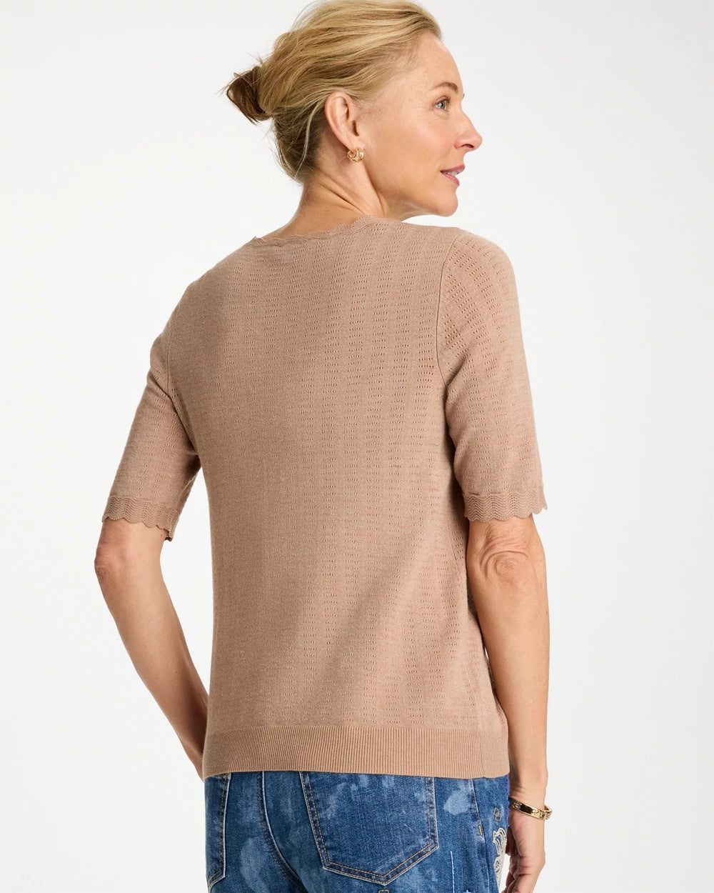Cattail Brown Ella Crewneck Pointelle Pullover Sweater