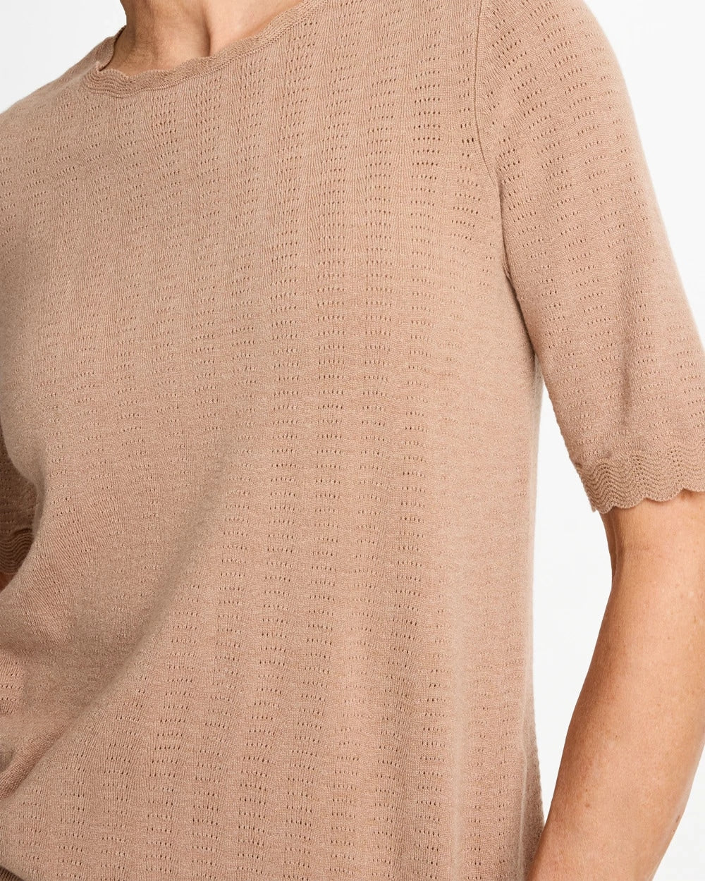 Cattail Brown Ella Crewneck Pointelle Pullover Sweater