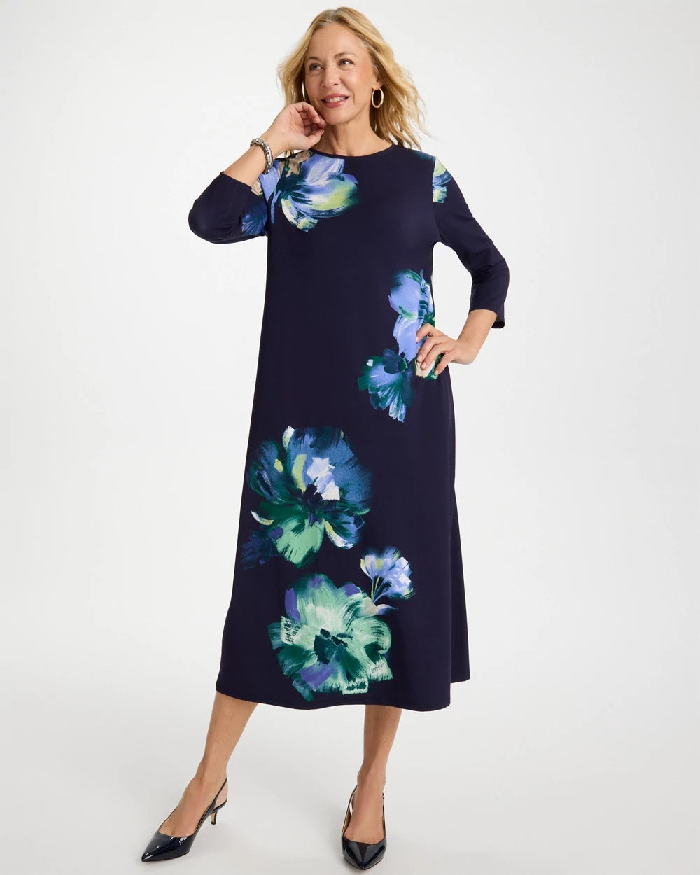 Passport Blue Floral 3/4 Sleeve Maxi Dress