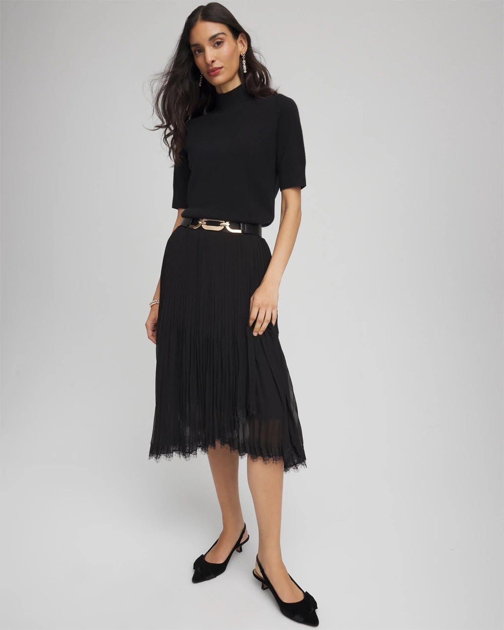 Black Pleated Lace Hem Midi Skirt