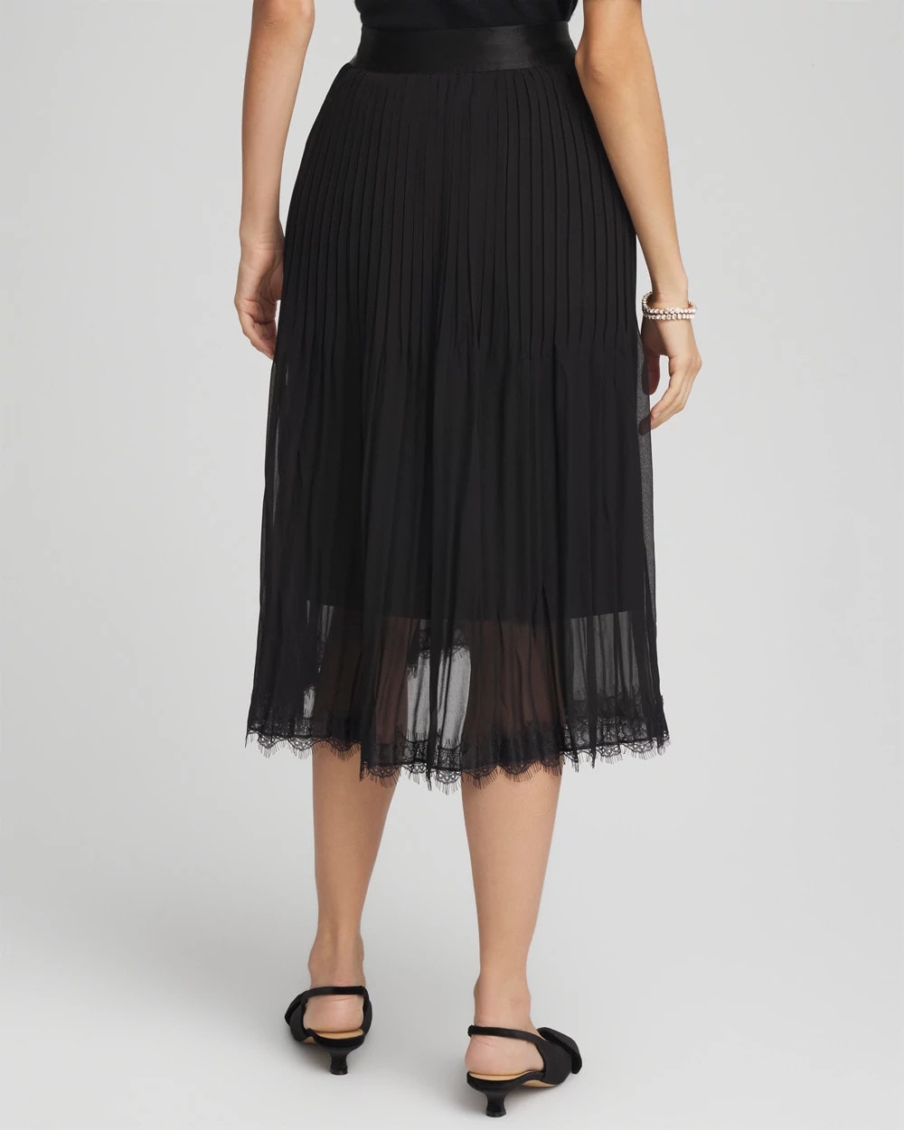 Black Pleated Lace Hem Midi Skirt