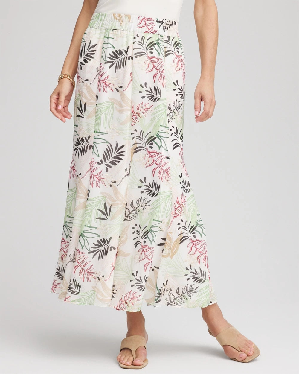 Ecru Floral Embroidered Crinkle Maxi Skirt