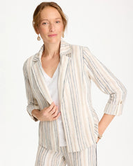Neutral Striped Linen Roll Sleeve Blazer
