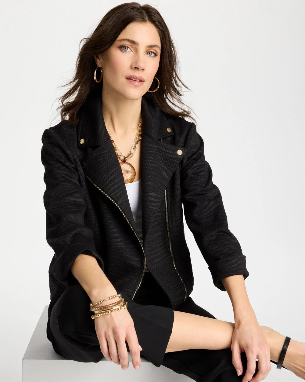 Black Embossed Knit Moto Jacket