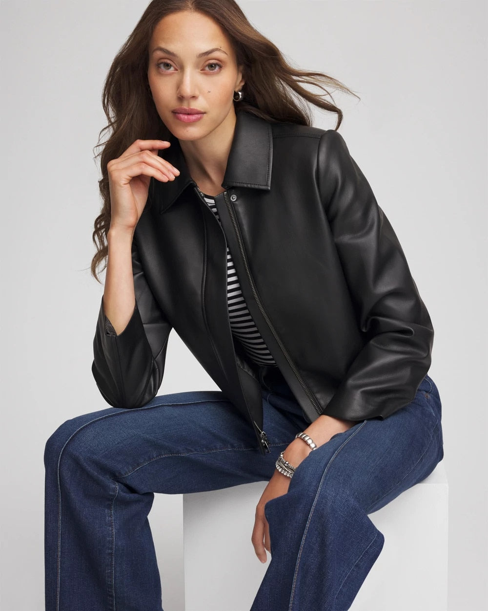 Black Faux Leather Zip-Front Jacket