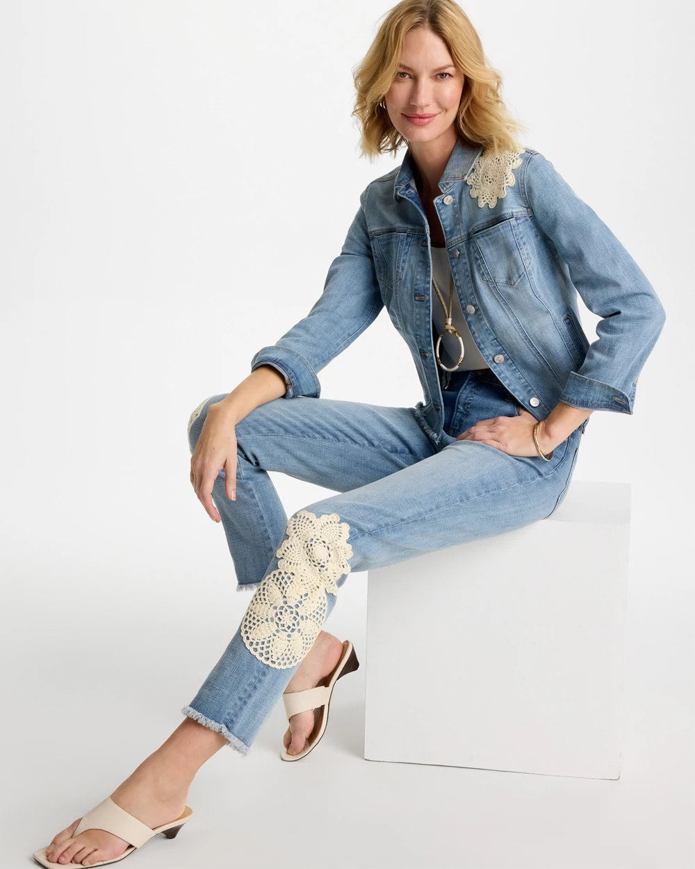 Coral Reef Indigo Embroidered Frayed Denim Trucker Jacket