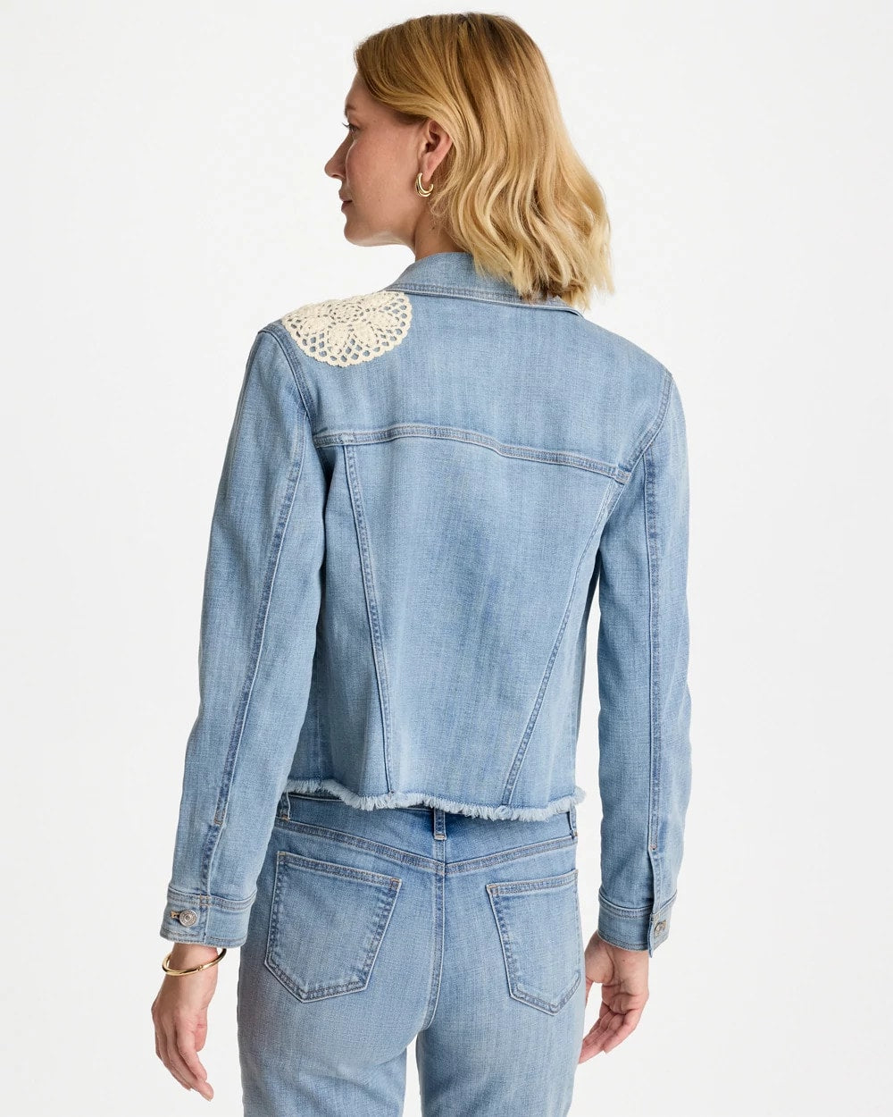 Coral Reef Indigo Embroidered Frayed Denim Trucker Jacket