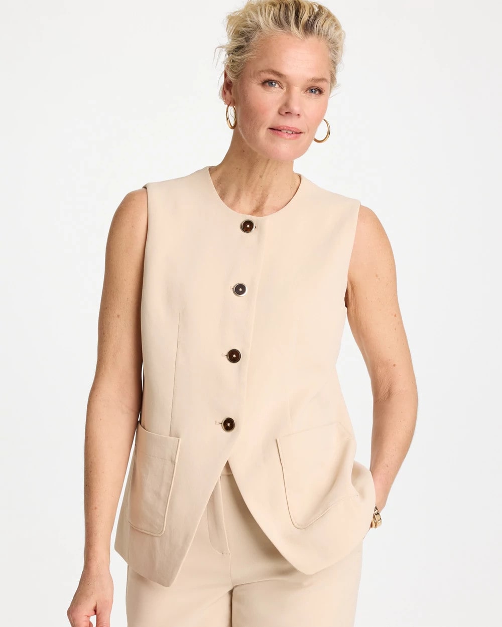 Pale Sand Split Hem Crepe Vest