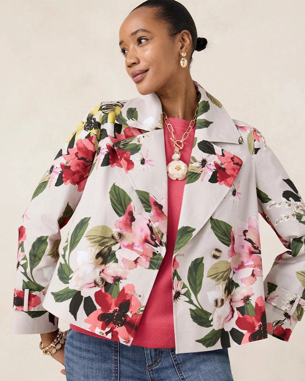 Smokey Taupe Cotton-Stretch Floral Trench Coat