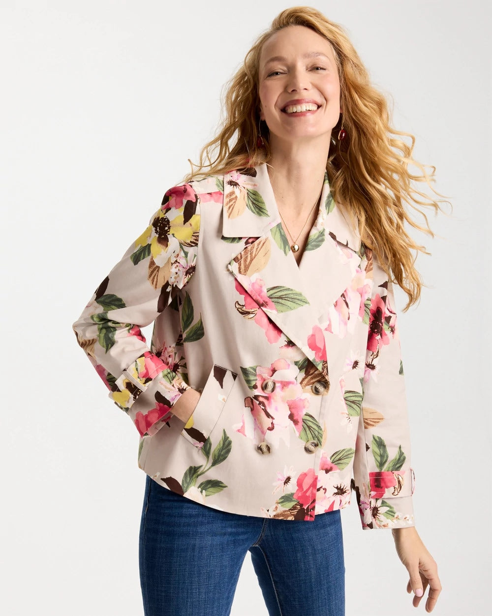 Smokey Taupe Cotton-Stretch Floral Trench Coat