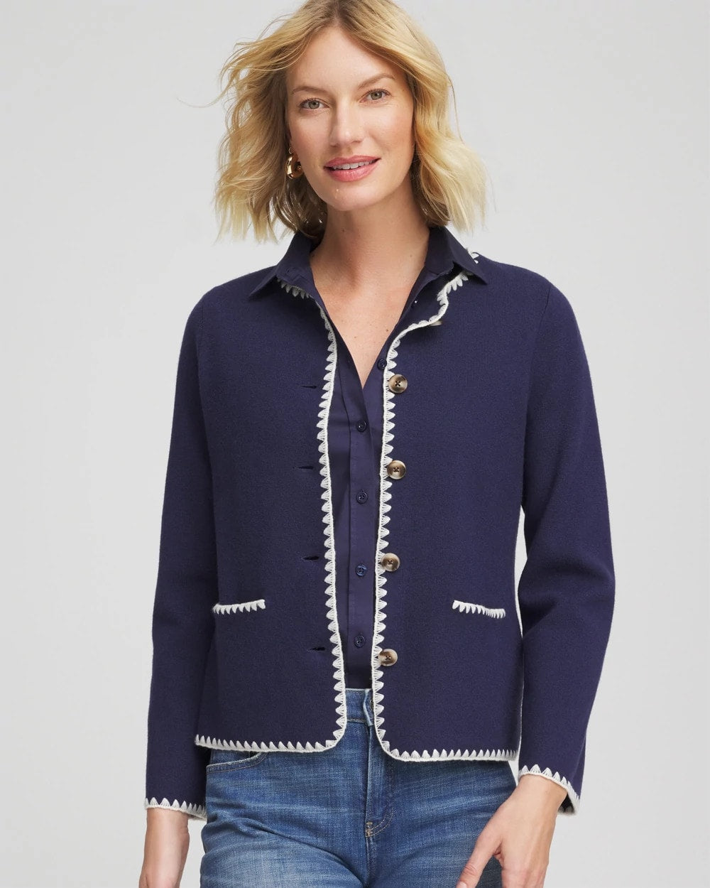 Passport Blue Blanket Stitch Crewneck Cardigan