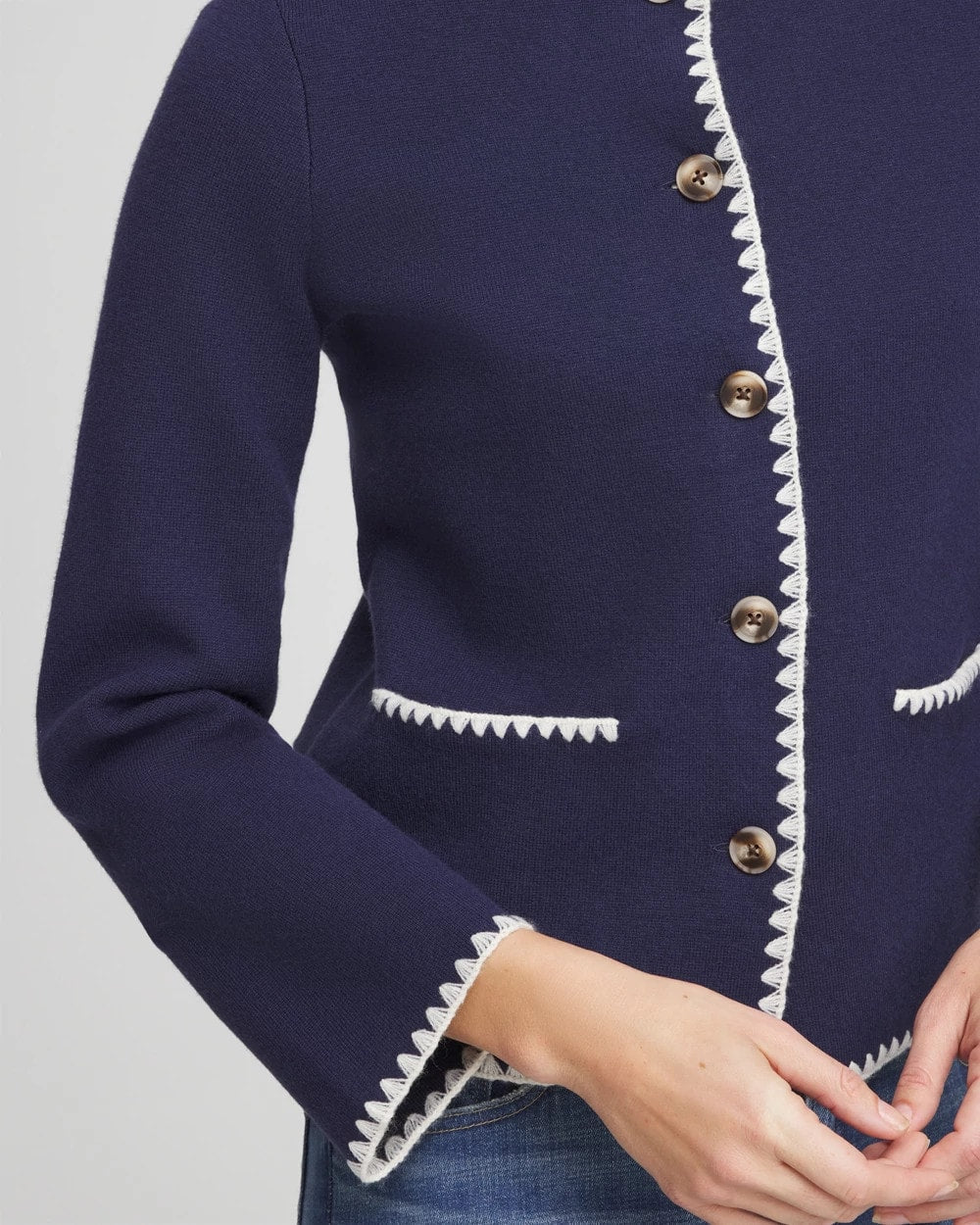 Passport Blue Blanket Stitch Crewneck Cardigan