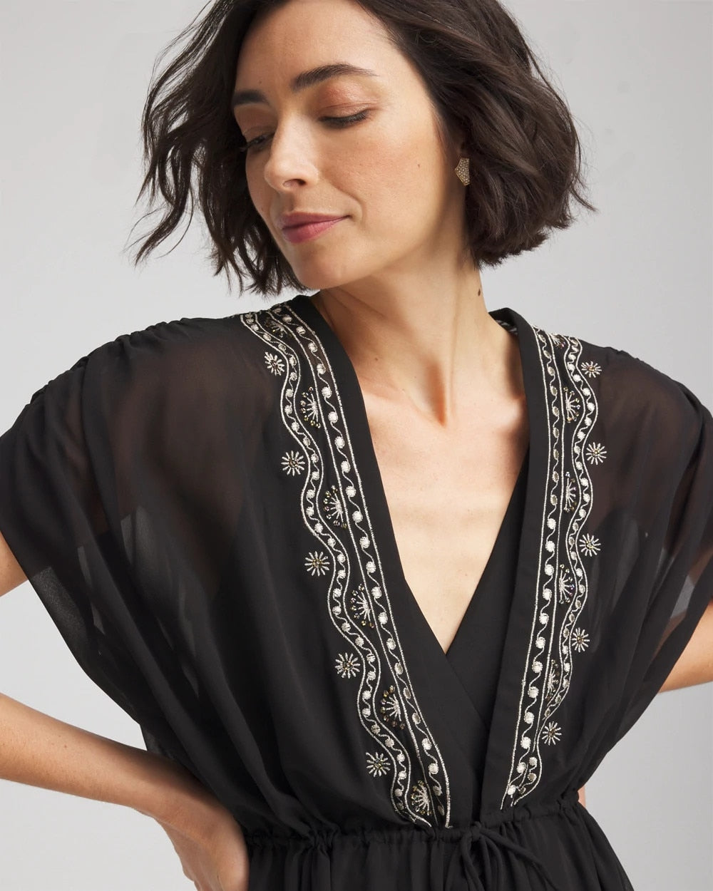 Black Miraclesuit® Beach Embroidered Long Kimono