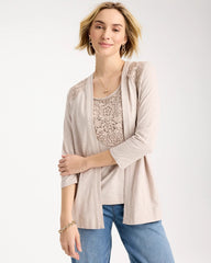 Smokey Taupe Embroidered Cotton Slub 3/4 Sleeve Cardigan