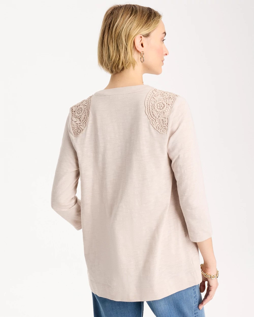 Smokey Taupe Embroidered Cotton Slub 3/4 Sleeve Cardigan