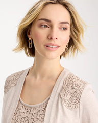 Smokey Taupe Embroidered Cotton Slub 3/4 Sleeve Cardigan