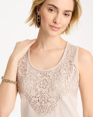 Smokey Taupe Embroidered Cotton Slub Scoopneck Tank