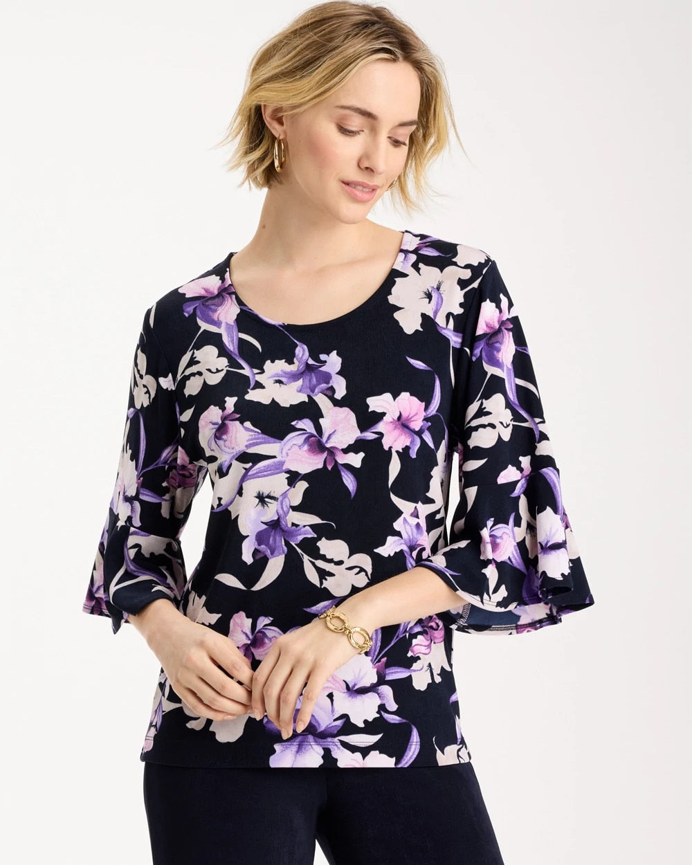 Travelers India Ink Travelers™ Amethyst Iris Flounce-Sleeve Top