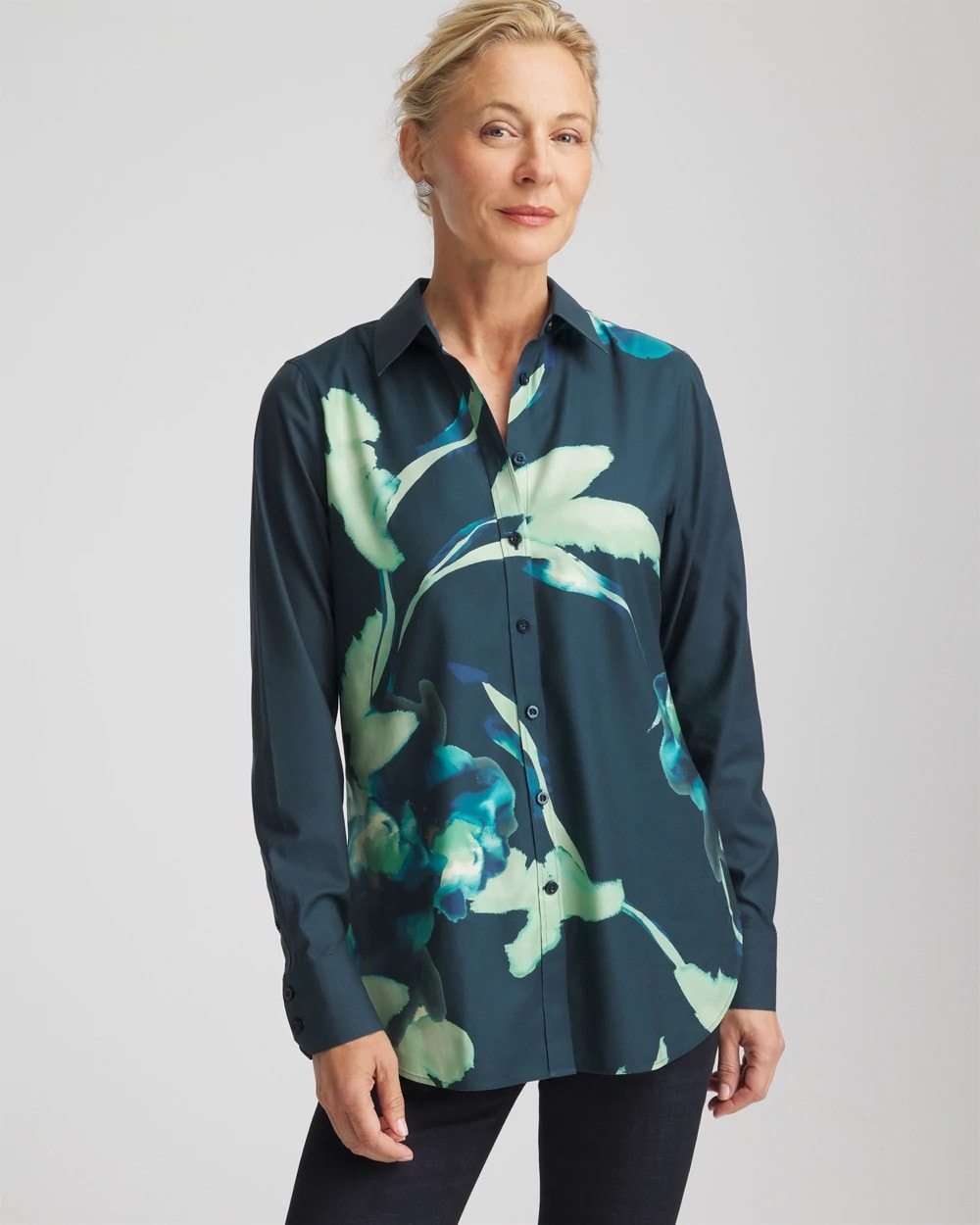 Teal Shadow No Iron™ Glacial Flora Sateen Shirt