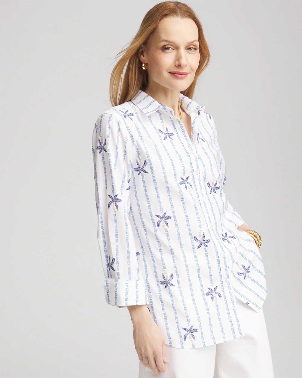 Blue Casa No Iron™ Palm Striped Sateen Shirt