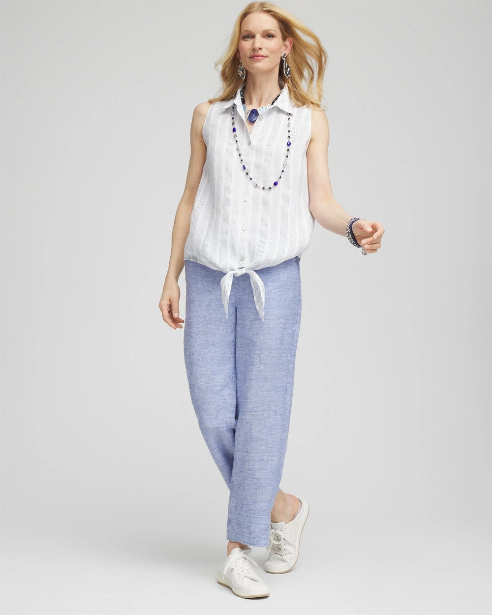 Indigo No Iron™ Linen Tie-Front Sleeveless Shirt