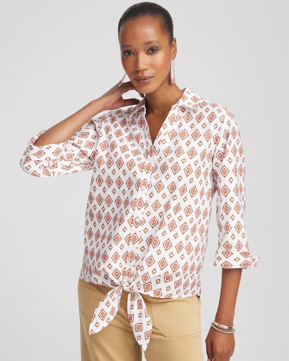 Siesta Rose No Iron™ Tie-Front Geo-Print Shirt